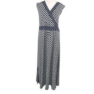 Lands End 2X 20W-22W Sleeveless Surplice Maxi Dress Blue White Circles Polka Dot